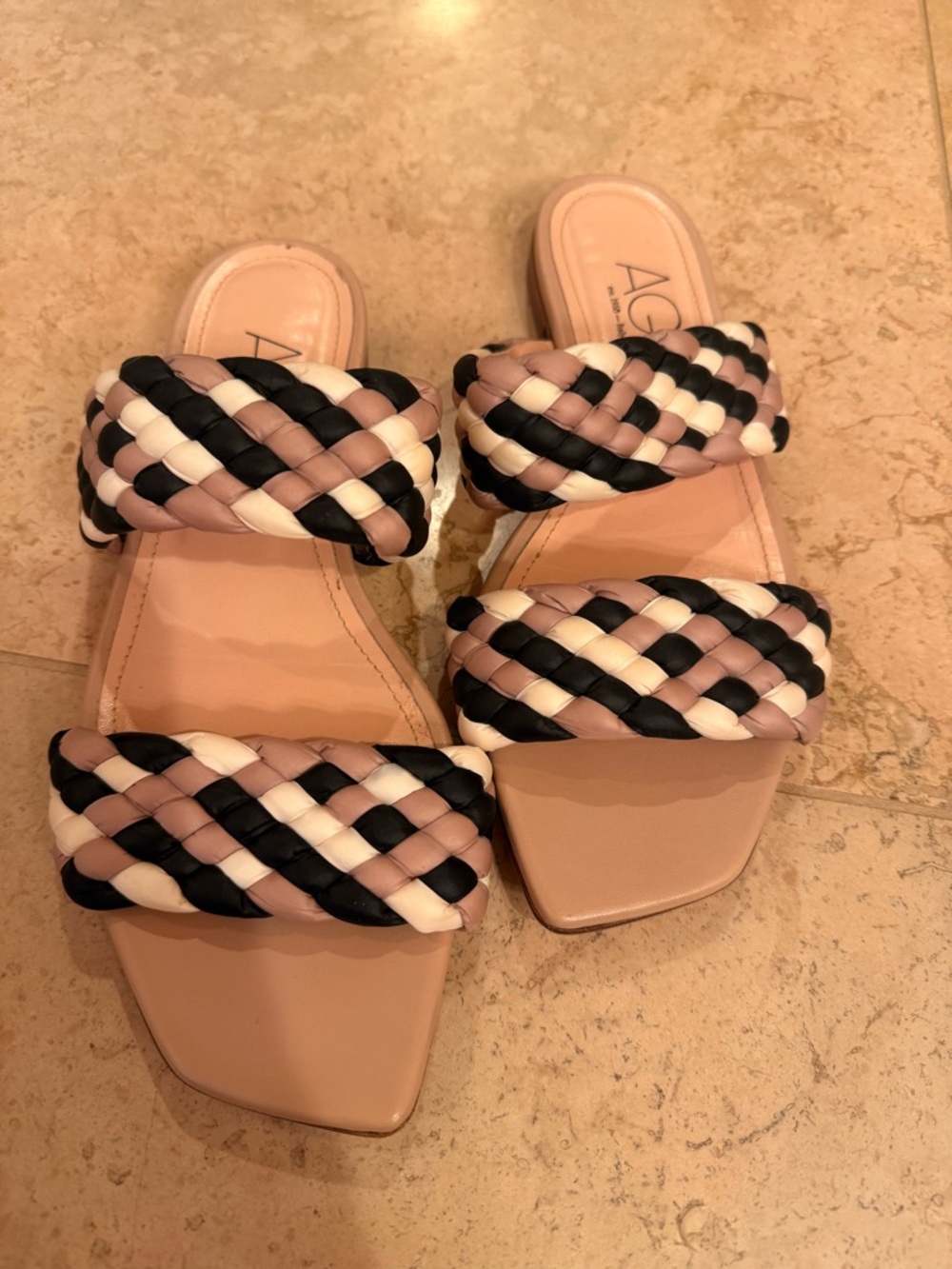 AGL Braided Double-Strap Slide Sandals in Blush, Black & White
